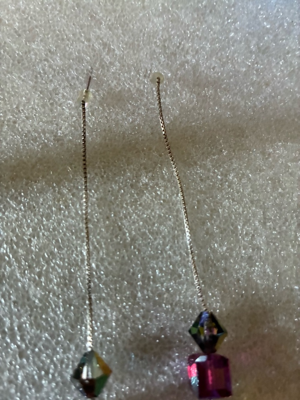 Silver Drop Crystal Threader Earrings with Purple and Iridescent Beads - Picture 3 of 3